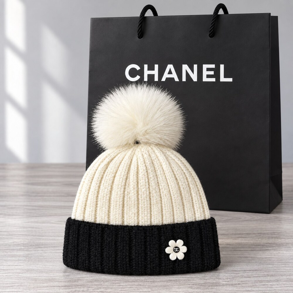 CHANEL Two-Tone Pom Pom Knit Beanie